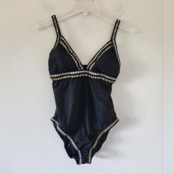 LA BLANCA | Threaded Along Mio One Piece Swimsuit Black LB7BT24 Silver Gold Sz S - Picture 2 of 5